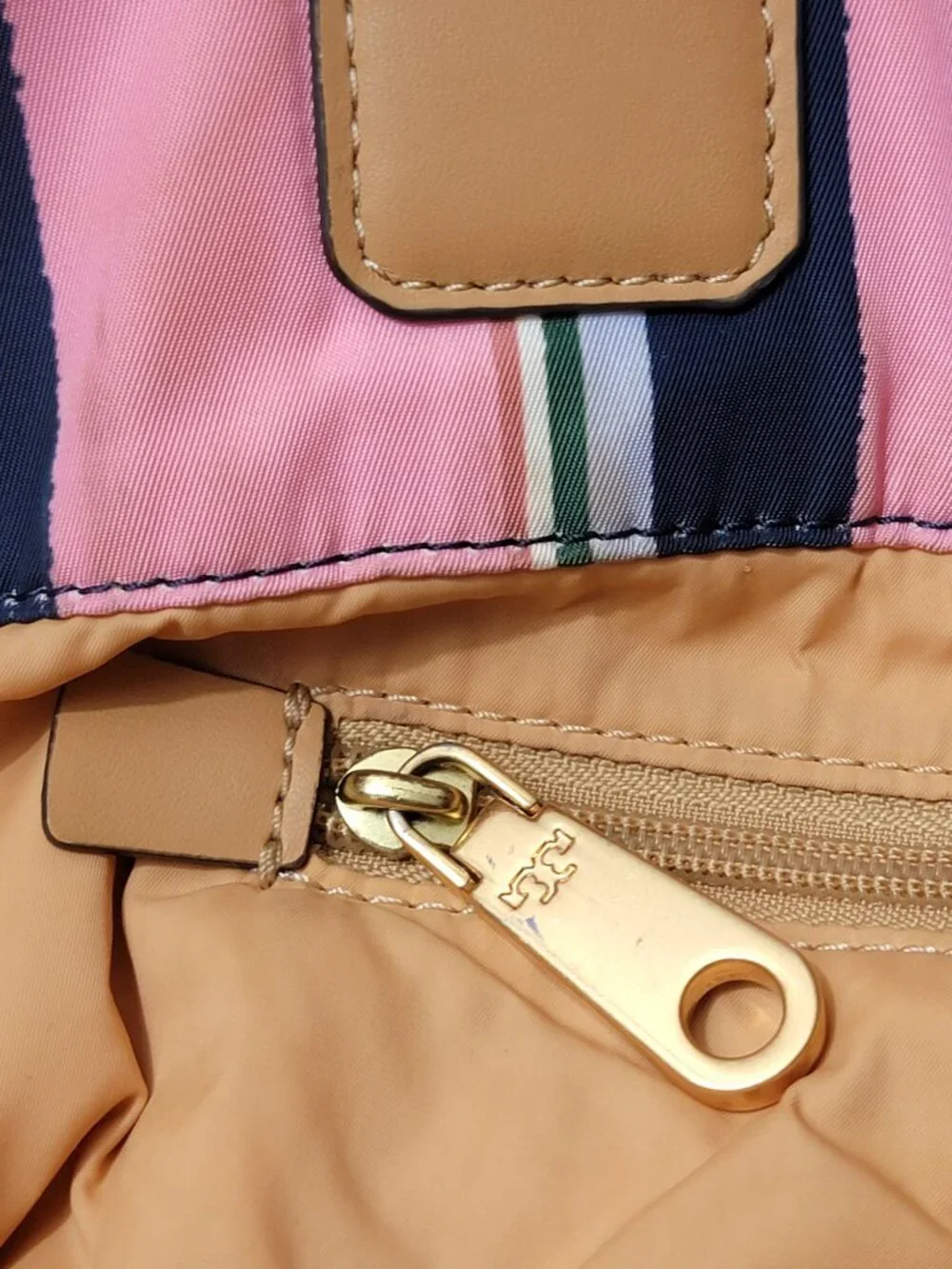 Tory Burch Ella Tote Navy Pink Stripe Nylon Large Shoulder Bag Leather Trim